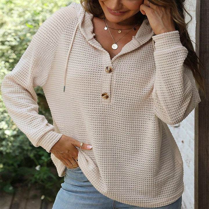 Women's Waffle Knit Hoodie with Button Placket and Ruffle Collar Mune Fashion