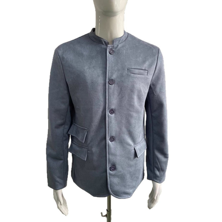 Men's Suede Blazer with Stand-up Collar and Flap Pockets Mune Fashion