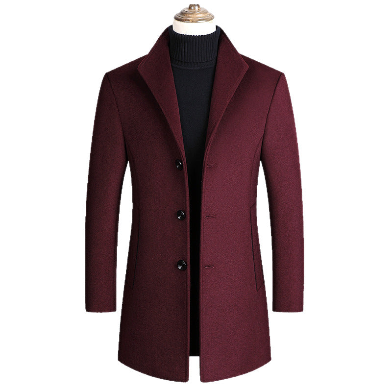 Men's Modern Single-Breasted Wool Blend Long Coat with Slim Fit and Minimalist Button Placket Mune Fashion