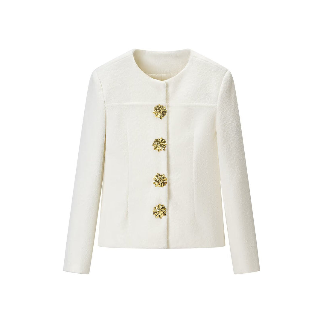 Women's Tailored Boucle Short Jacket with Round Neckline and Gold Decorative Buttons Mune Fashion