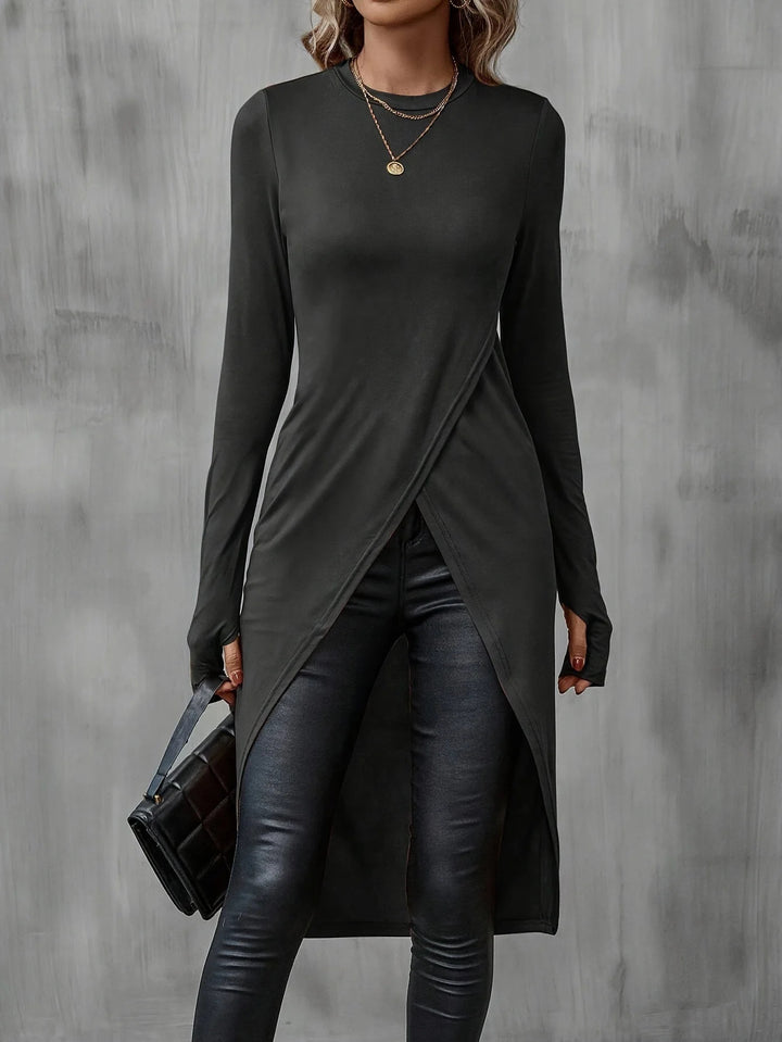 Women's Long Asymmetric Wrap Tunic Top with Front Slit Drune