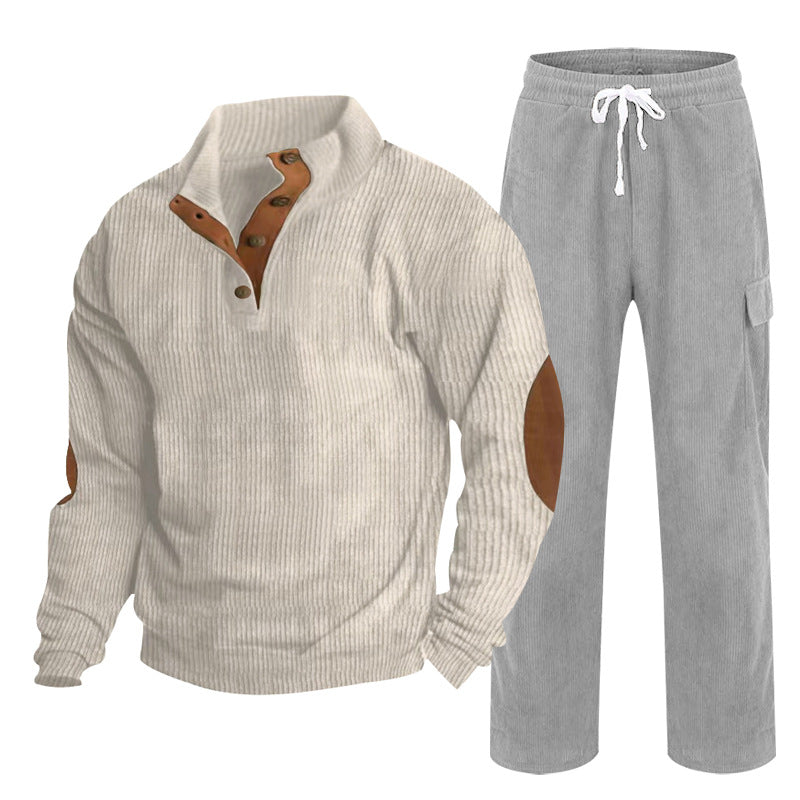 Men's Cozy Leisure Set made of Waffle Knit Henley with Elbow Patch and Relax Cargo Pants Mune Fashion