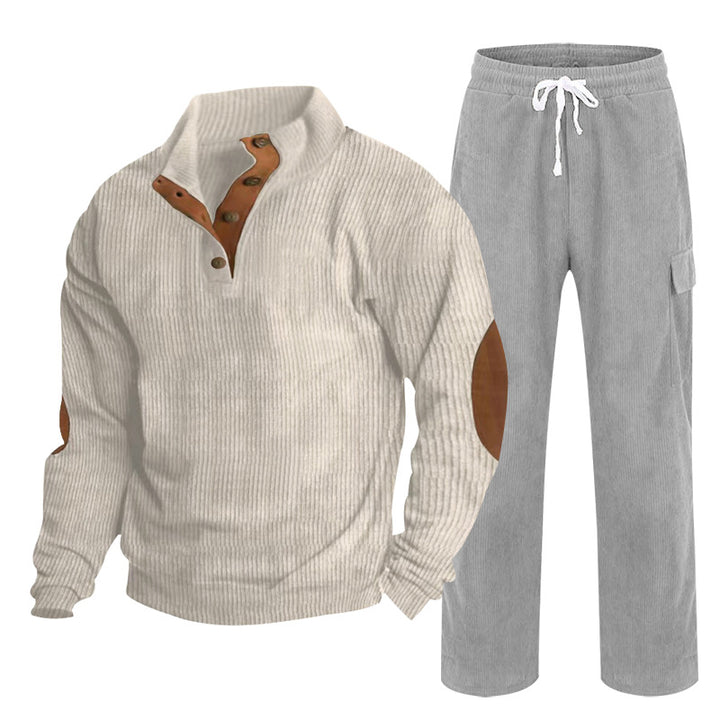 Men's Cozy Leisure Set made of Waffle Knit Henley with Elbow Patch and Relax Cargo Pants Mune Fashion