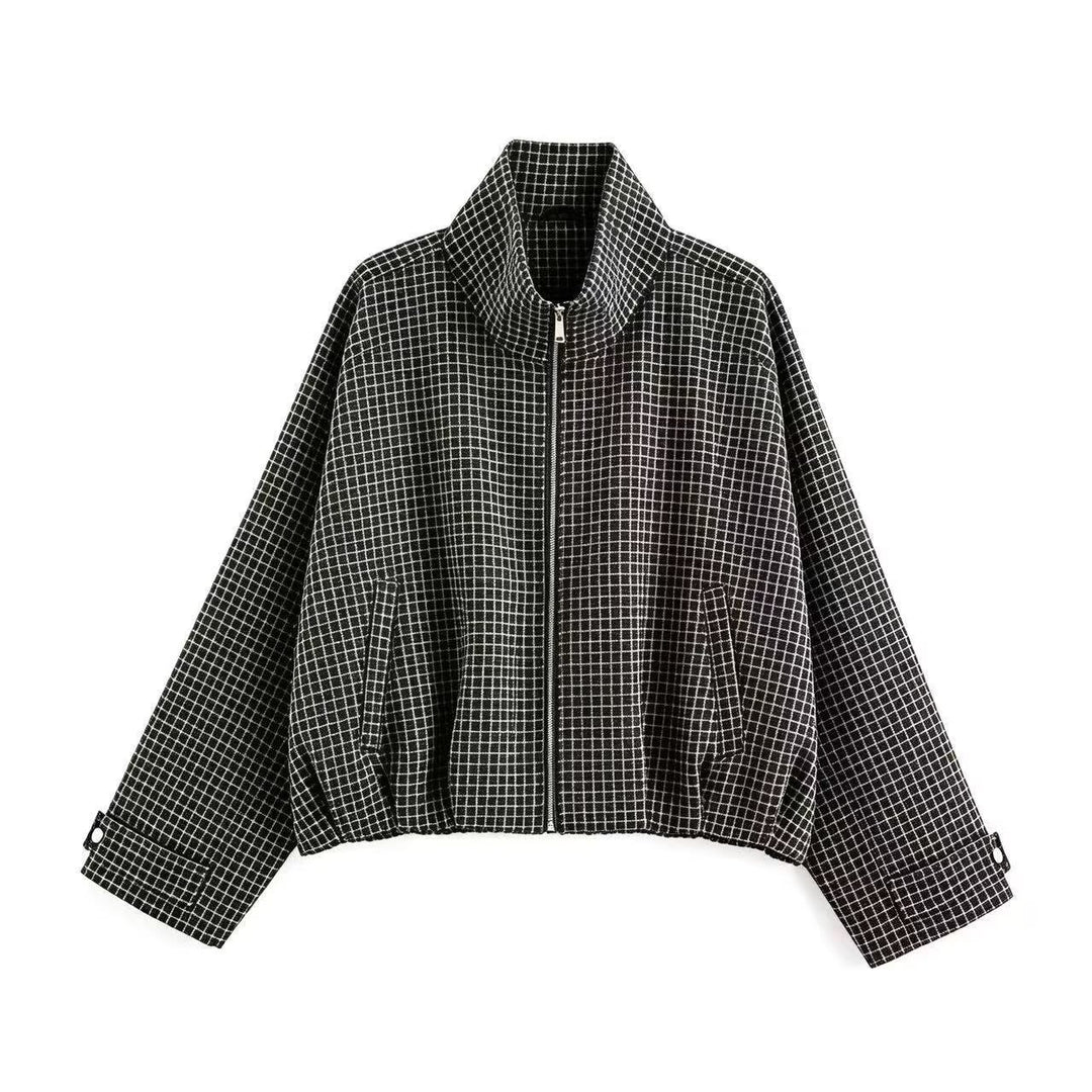 Women's Cropped Transition Jacket with High Funnel Collar, Check Pattern and Elastic Hem Mune Fashion