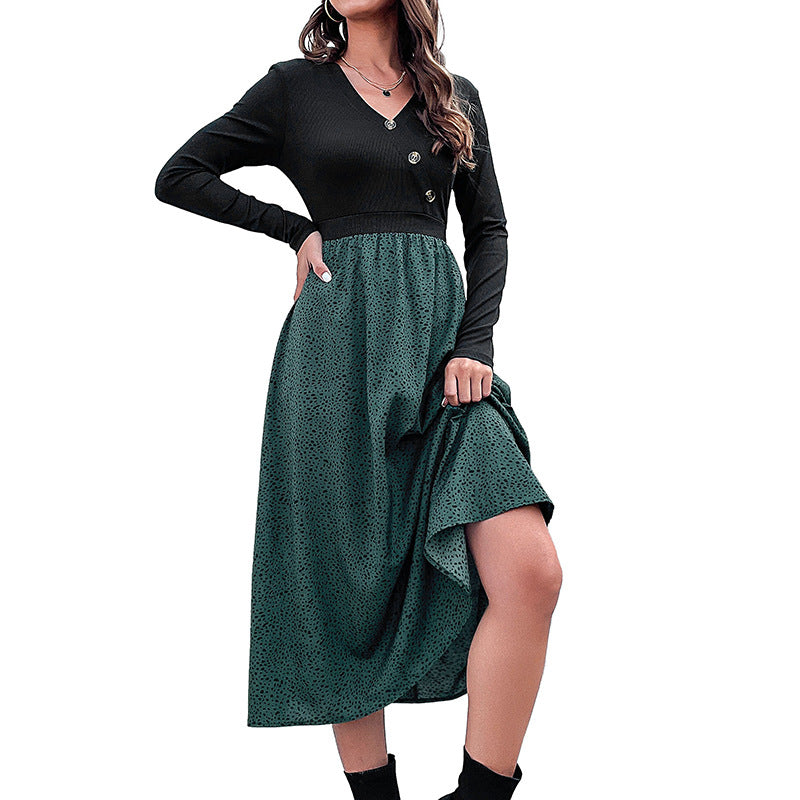 Women's midi dress with tailored rib knit top, V-neck and wide skirt Mune Fashion