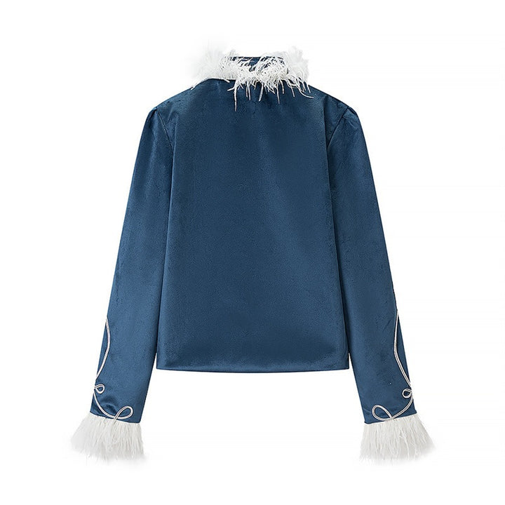 Women's Military Inspired Velvet Jacket with Decorative Cords, Feather Trim and Decorative Buttons Mune Fashion