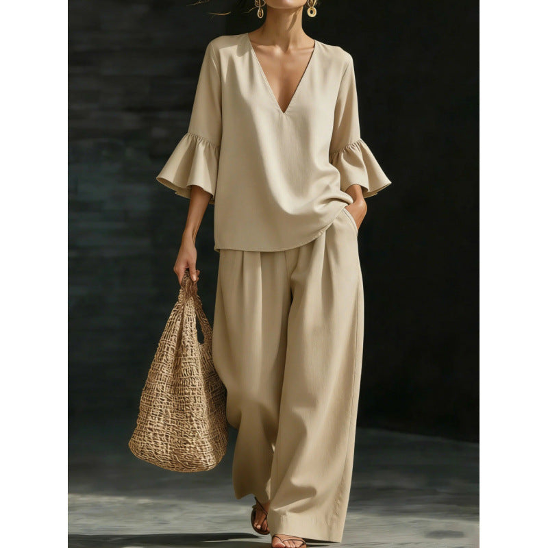 Women's Two-Piece V-Neck Tunic Set with Ruffle Sleeves and Wide High-Waisted Palazzo Pants Mune Fashion