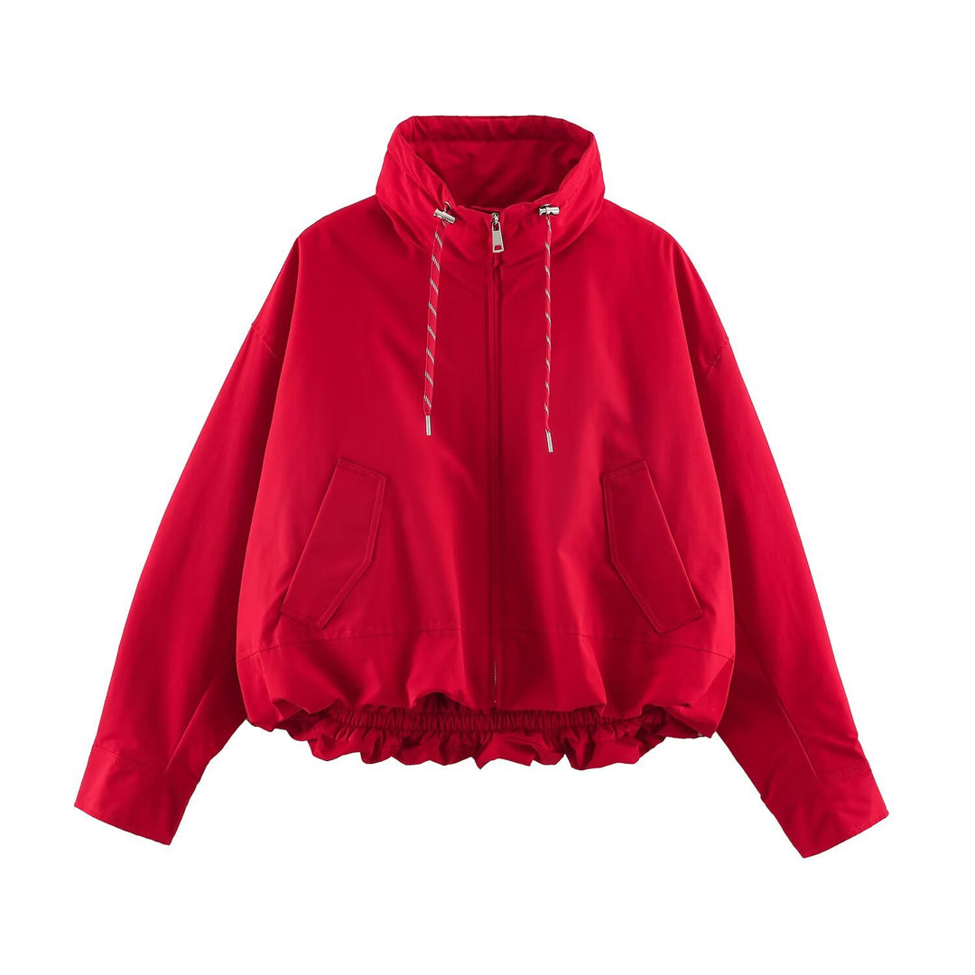 Women's Cropped Oversize Windbreaker with high funnel collar, drawstring and gathered elastic waistband Mune Fashion