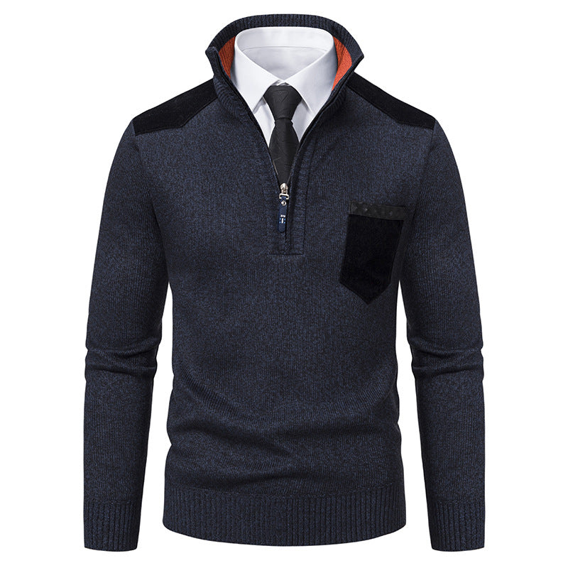 Men's fine knit half-zip pullover with stand-up collar, chest pocket and shoulder yoke Mune Fashion