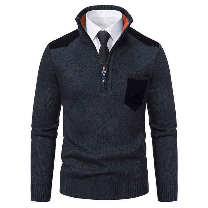 Men's fine knit half-zip pullover with stand-up collar, chest pocket and shoulder yoke Mune Fashion