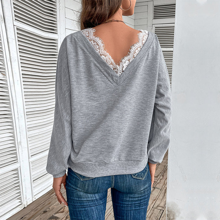 Women's Casual Oversized Sweatshirt with Wrap Look and Lace Insert Mune Fashion