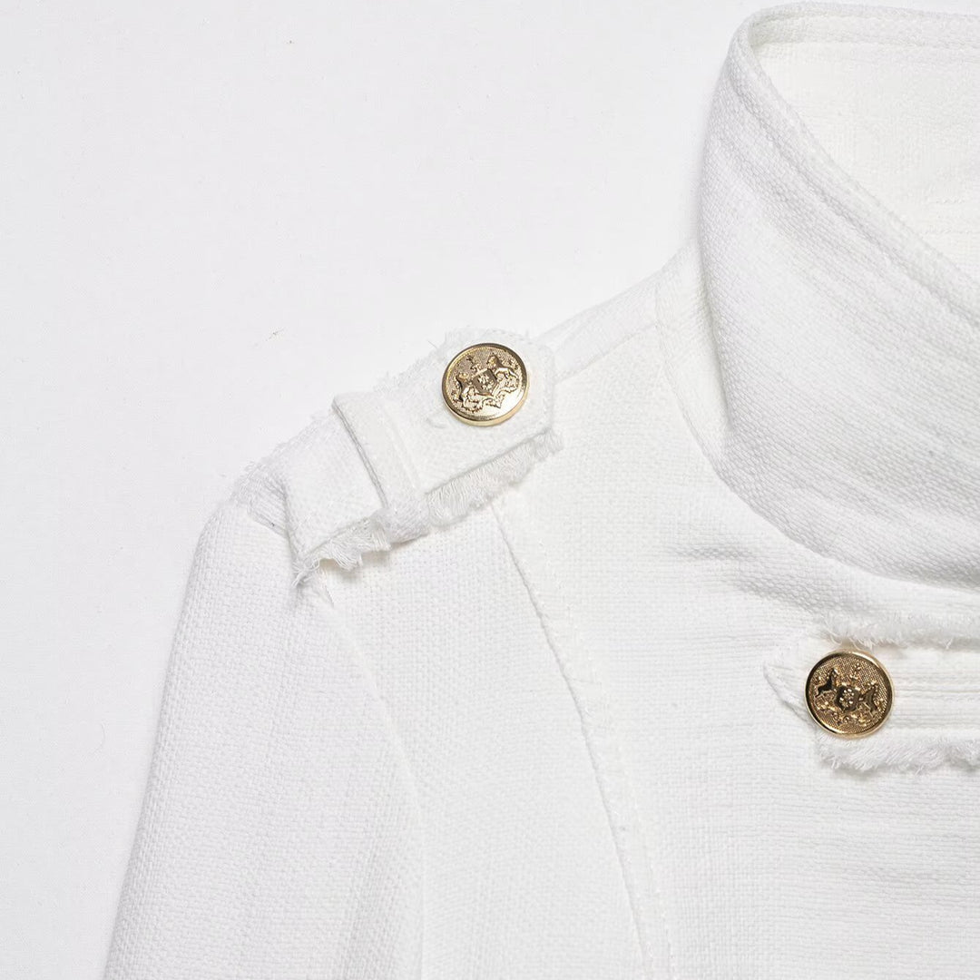Ladies short jacket in nautical style with double-breasted decorative button placket and stand-up collar Mune Fashion