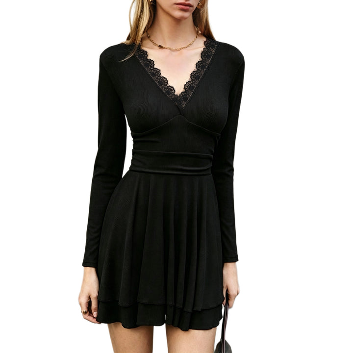 Women's elegant waist-defining midi dress with lace V-neck, shaping bustier seam, and tiered ruffled skirt Mune Fashion