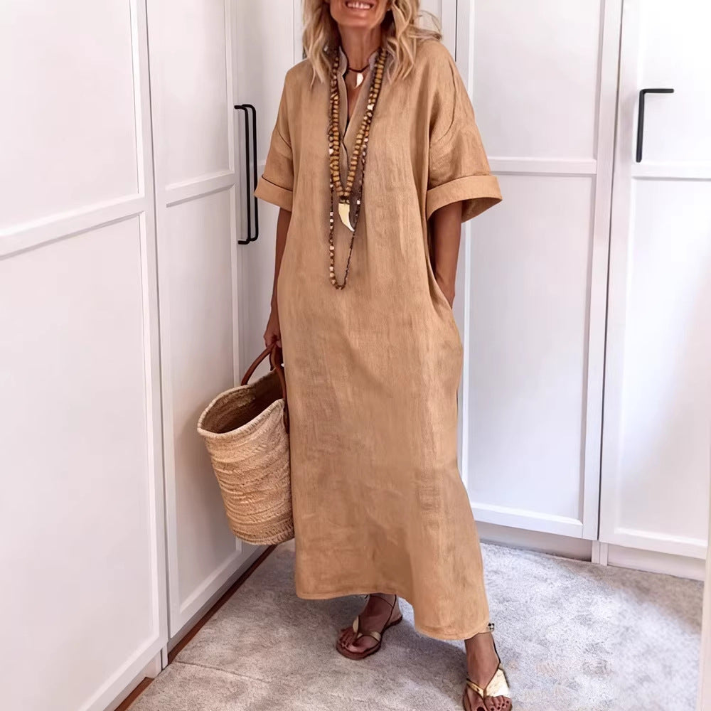Women's Linen Maxi Dress with V-Neck and Practical Pockets Mune Fashion