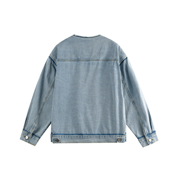 Men's Oversize Denim Jacket without Collar with Raw Neckline and Flap Pockets Mune Fashion