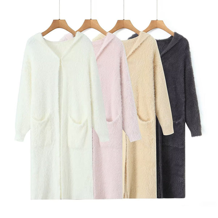 Women Longer fluffy hooded cardigan with patch pockets and open front Mune Fashion