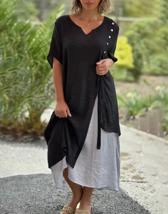 Women’s two-layer layered dress with asymmetric hem and decorative button placket Mune Fashion