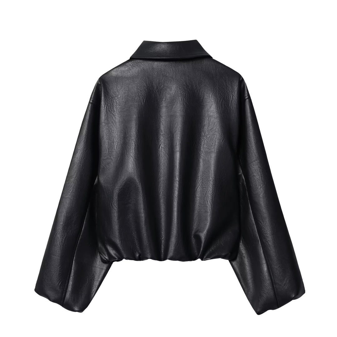 Women's short jacket in boxy look made of vegan leather with concealed zipper Mune Fashion