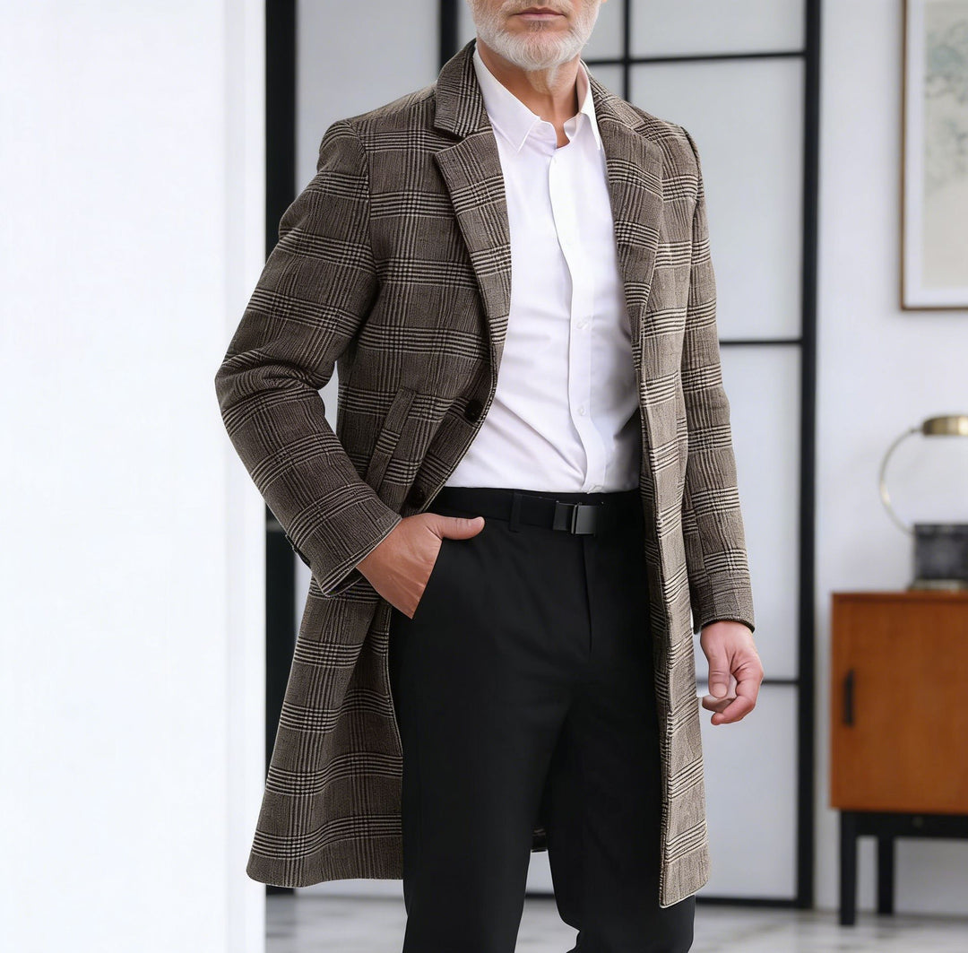 Men's wool blend coat in glen check with a slim long silhouette Mune Fashion