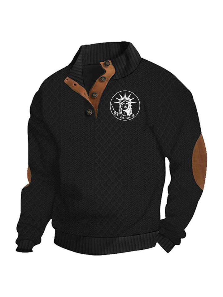 Men's nan Heritage textured pullover with stand-up collar faux leather trim elbow patches and half-button placket Mune Fashion
