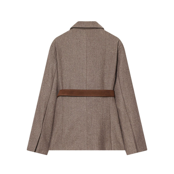Women’s tailored herringbone coat blazer with leather belt, patch pockets and a falling lapel Mune Fashion