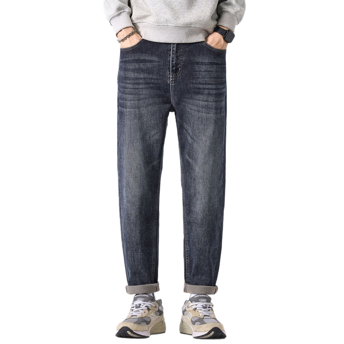 Men's tapered cut denim pants with mid-rise, relaxed fit, and subtle used look Mune Fashion