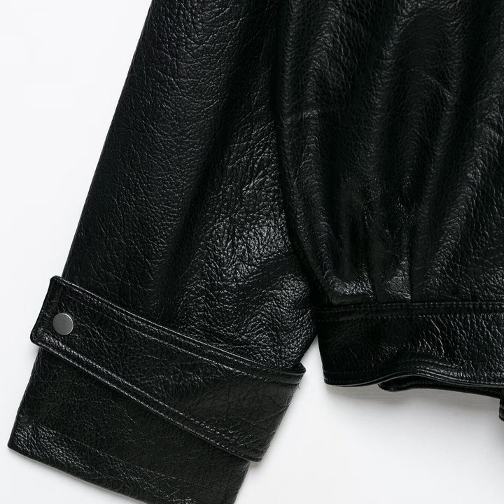 Women's Oversized Faux Leather Jacket with High Stand-Up Collar and Zipper Pockets Mune Fashion
