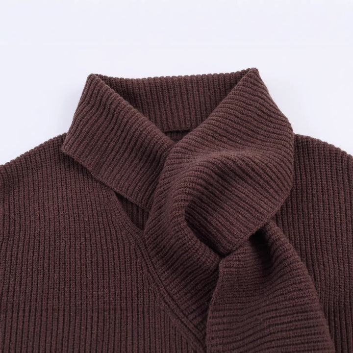 Women chunky knit pullover with integrated shawl collar Mune Fashion