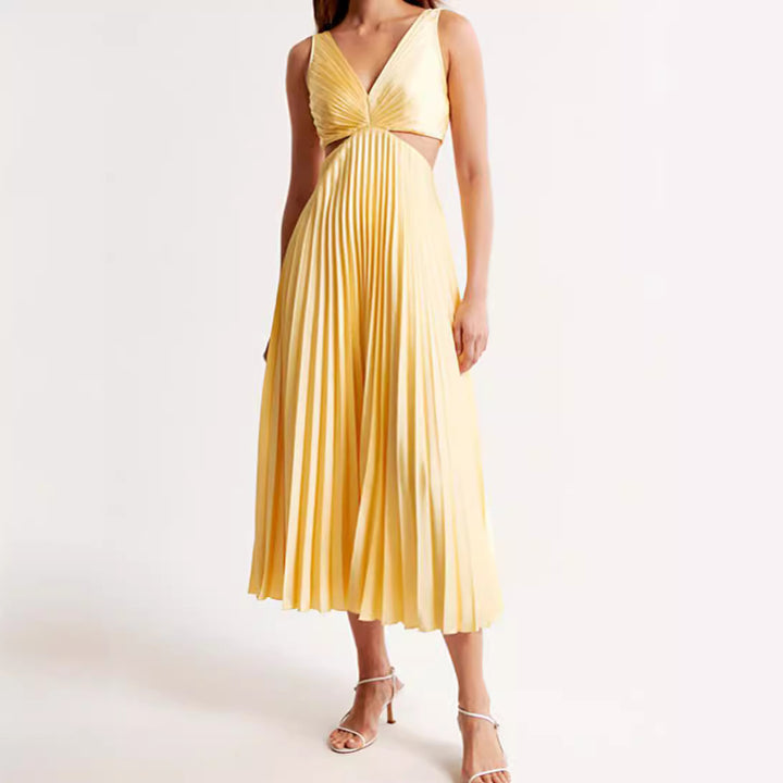 Women's pleated midi dress with twisted bustier section and side cut-outs Mune Fashion