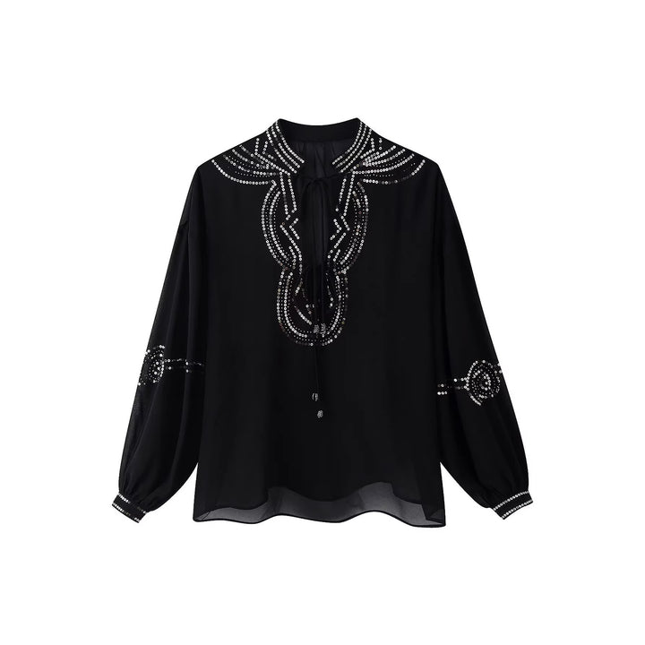 Women Chiffon blouse with sequin trim, balloon sleeves and tie collar Mune Fashion