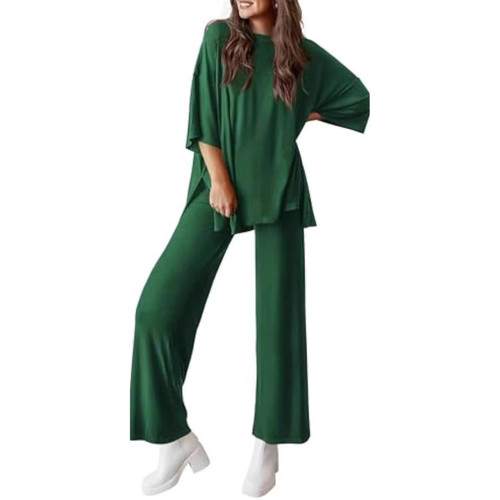 Women's Casual Lounge Set made of Soft Jersey with Oversized Tunic and Wide Palazzo Pants Drune