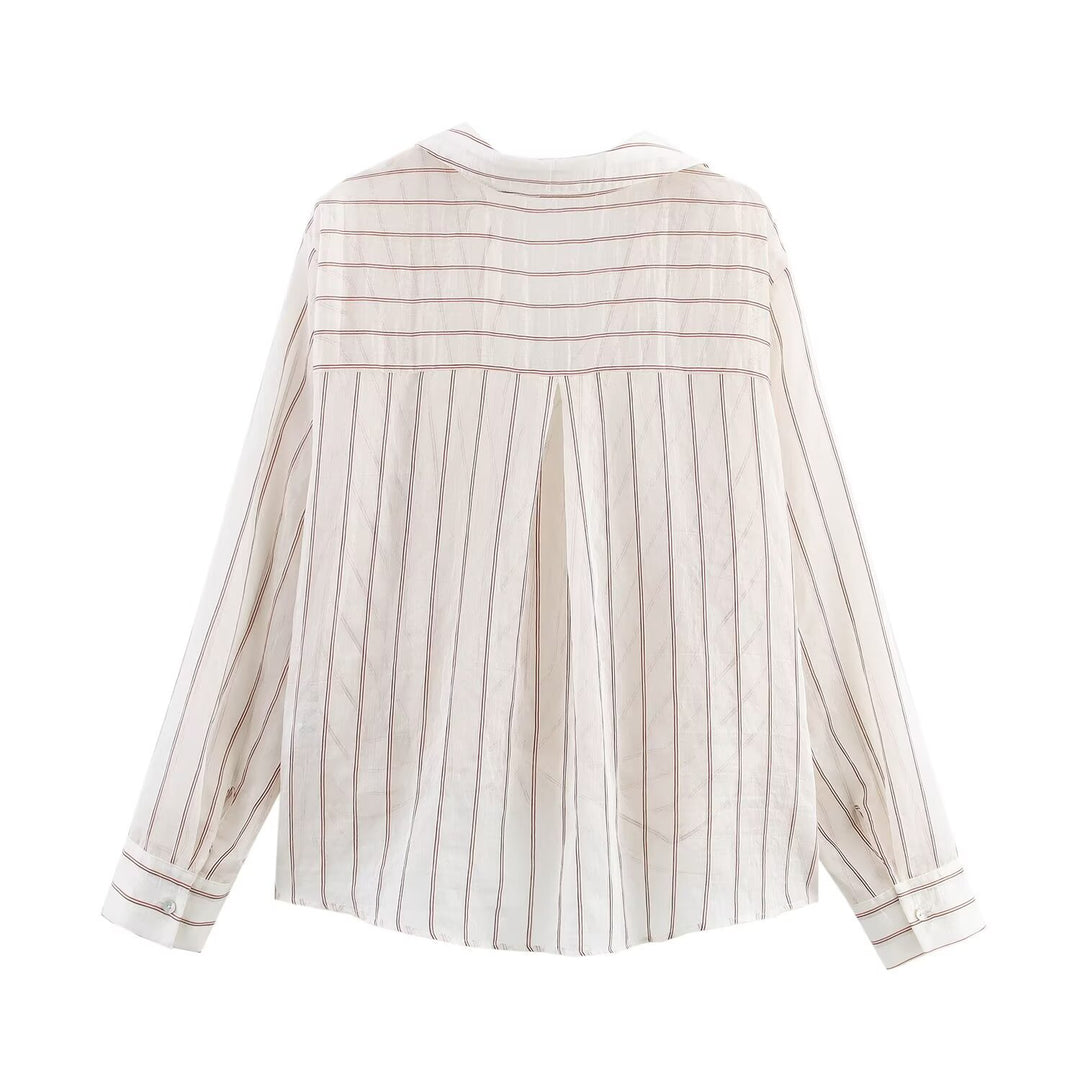 Women's Striped Blouse with Knot Front and Shirt Collar Drune