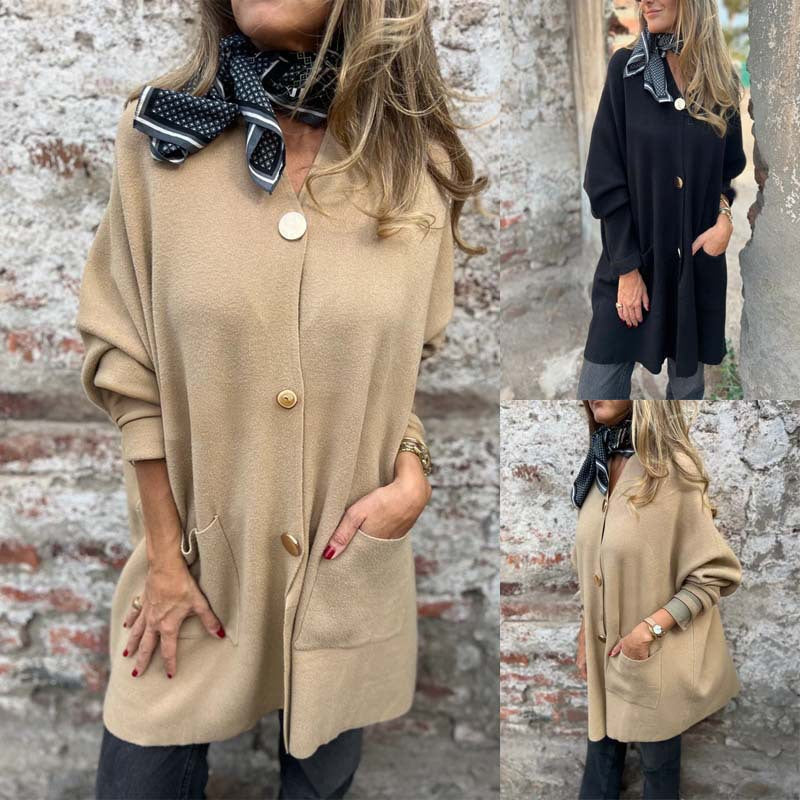 Women Oversized Knit Coat-Cardigan with Sewn Pockets and Decorative Buttons Mune Fashion