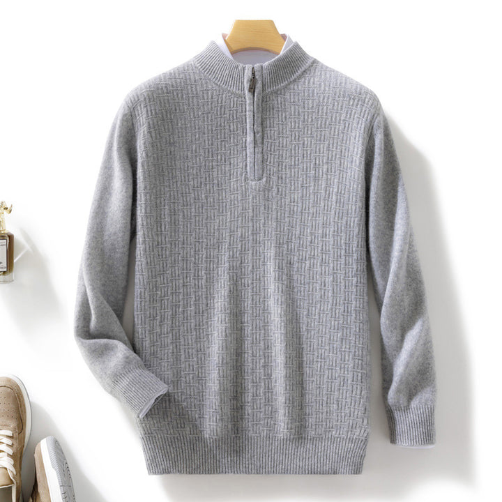 Men's Semi-high Fine Knit Sweater with Short Stand-Up Collar and Half Zipper Mune Fashion