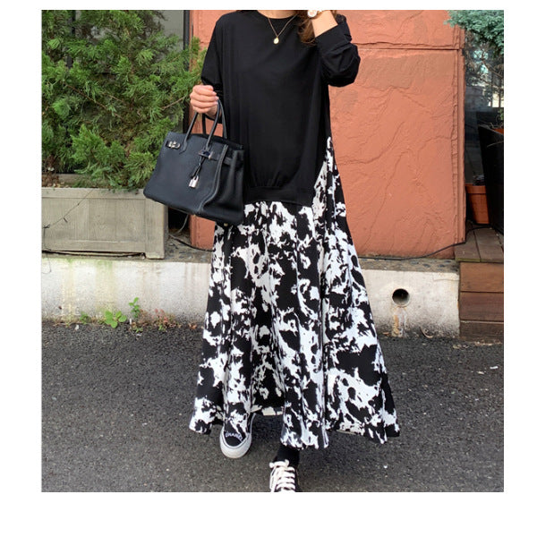 Women's casual layered dress with sweatshirt top and printed midi skirt Mune Fashion