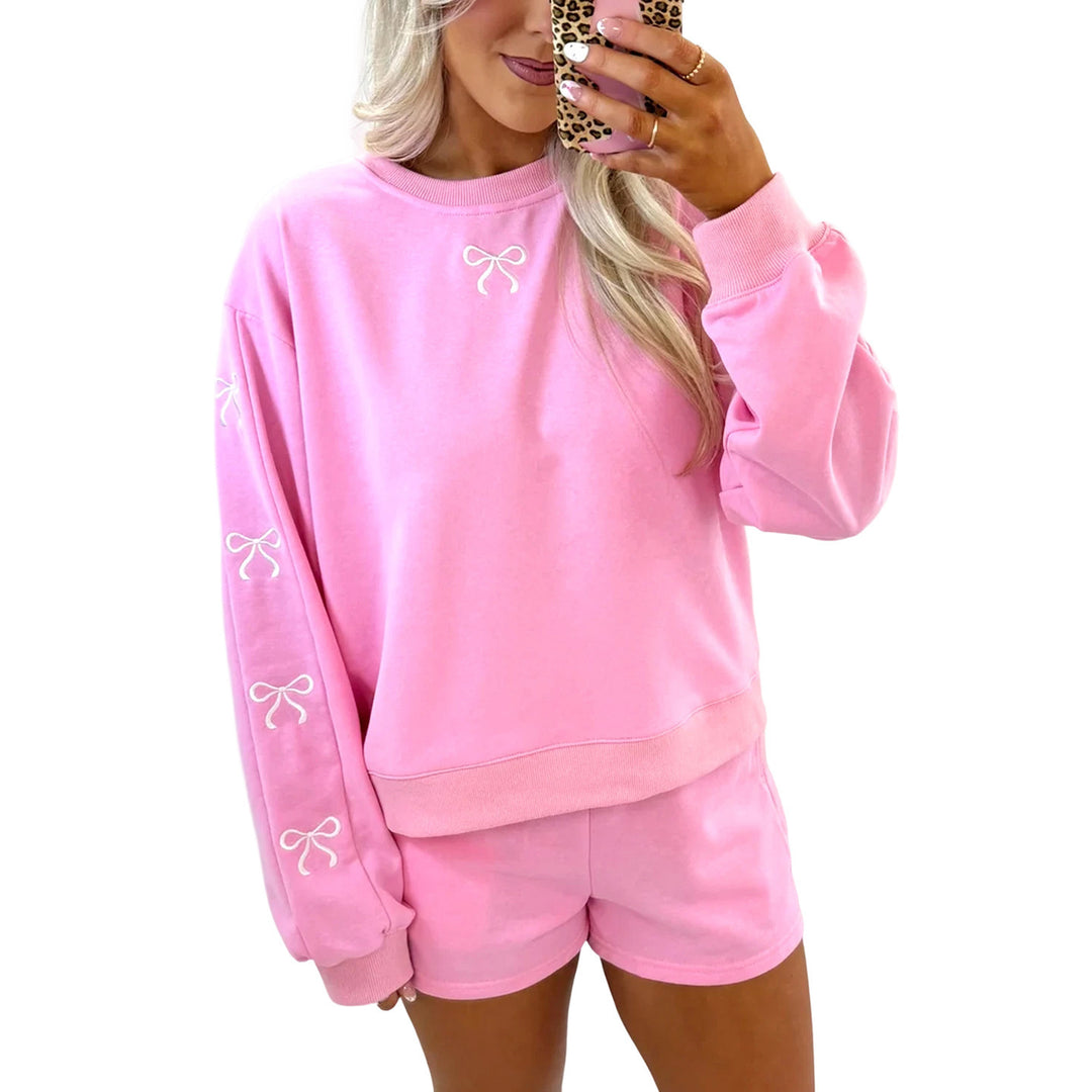 Women's cozy lounge sweat set with shorts and embroidered bows Mune Fashion