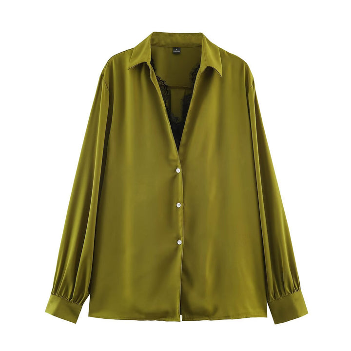 Women's Silky Oversized Blouse with Lace Insert and Shirt Collar Mune Fashion