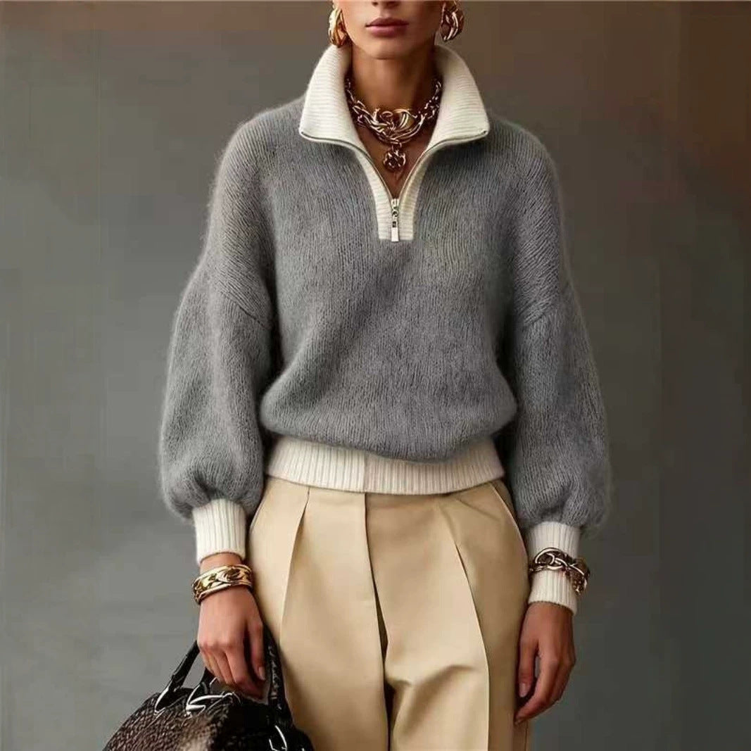 Women's Fluffy Sweater with Half Zipper, Stand Collar and Balloon Sleeves Mune Fashion