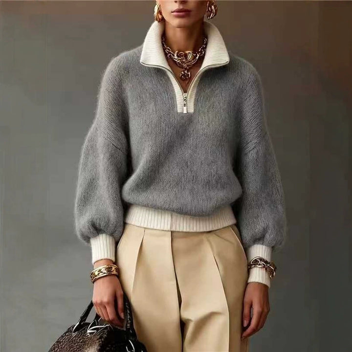 Women's Fluffy Sweater with Half Zipper, Stand Collar and Balloon Sleeves Mune Fashion