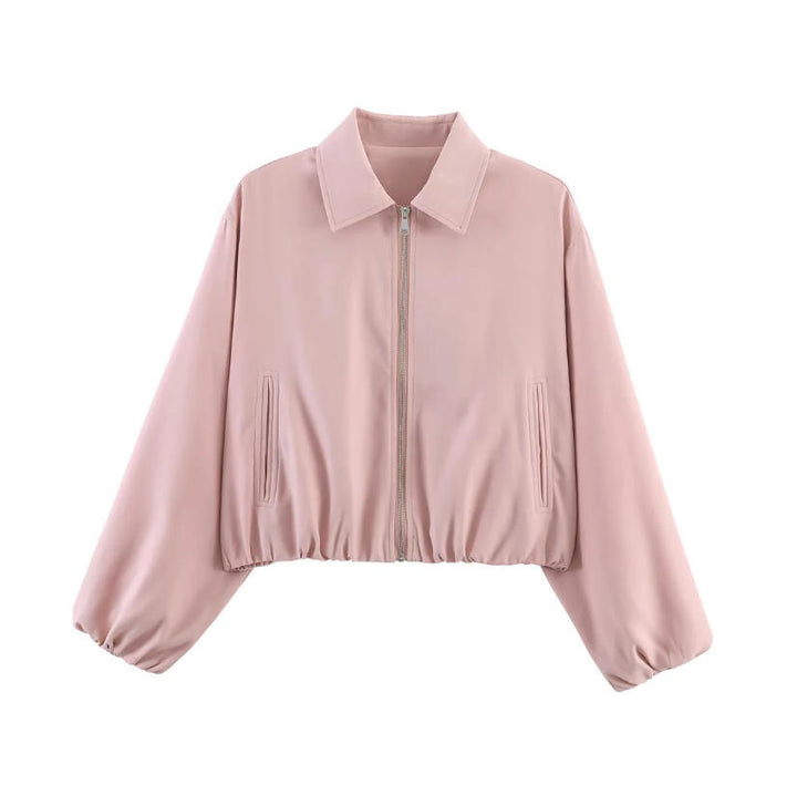 Women Shortened Bomber Jacket in Harrington Style with Balloon Sleeves and Elastic Hem Mune Fashion