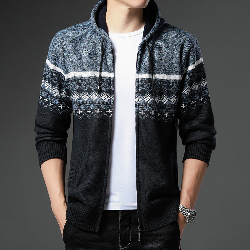 Men's Knit Zip Hoodie with Norwegian Pattern, Hood and Side Pockets Mune Fashion