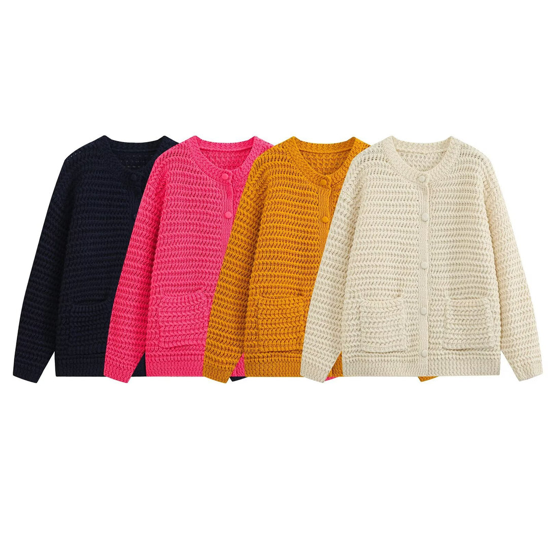 Women Chunky Knit Oversized Cardigan with Button Placket and Patch Pockets Drune
