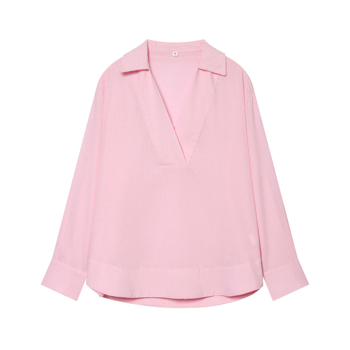 Women's loosely falling linen-look blouse with V-neck, shirt collar, and cuffed sleeves Mune Fashion