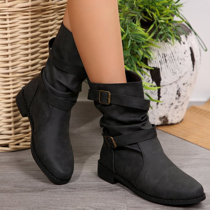 Women’s casual slouch ankle boots with two decorative straps and decorative metal buckles Mune Fashion