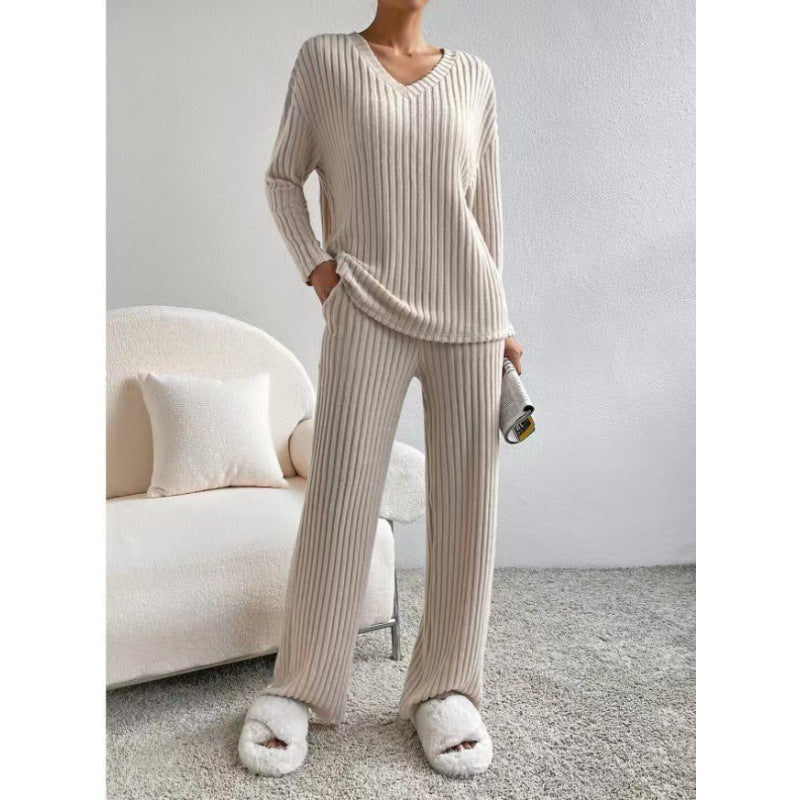 Women Cozy Ribbed Knit Loungewear Set with V-Neck and Wide Leg Mune Fashion