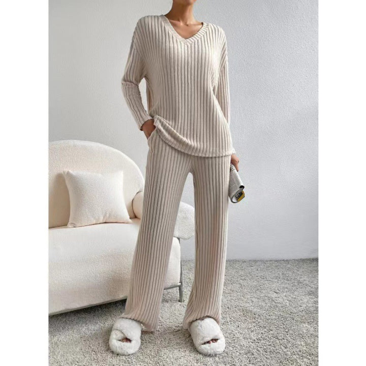 Women Cozy Ribbed Knit Loungewear Set with V-Neck and Wide Leg Mune Fashion