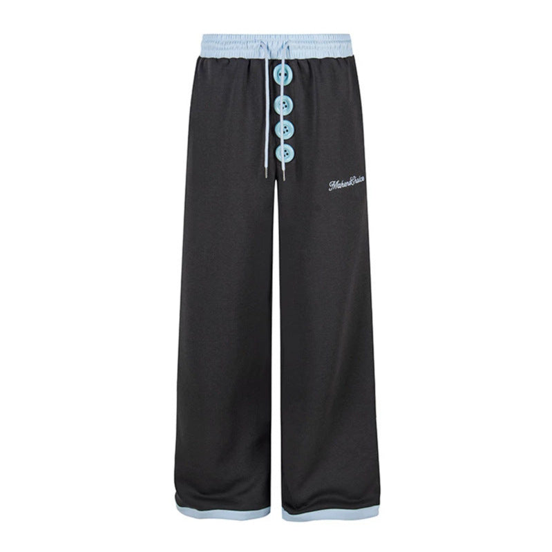 Women Wide Lounge Pants with Decorative Button Placket, High Waist and Drawstring Mune Fashion