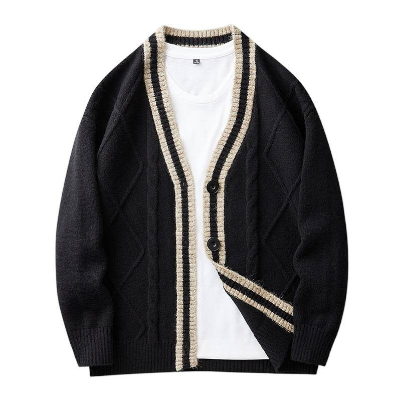 Men's knitted cardigan with cable pattern, V-neck and contrast edge Mune Fashion