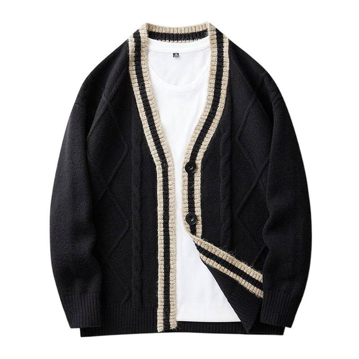 Men's knitted cardigan with cable pattern, V-neck and contrast edge Mune Fashion