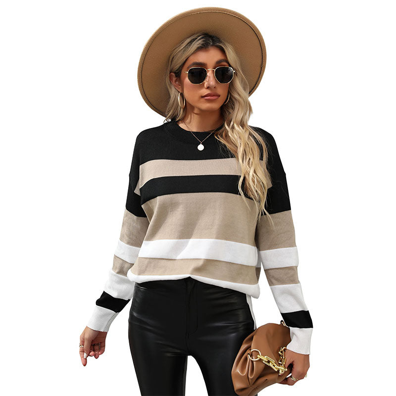 Women Striped Oversized Fine Knit Sweater with Round Neck and Ribbed Cuffs Mune Fashion